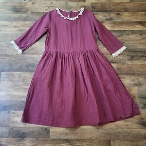 Len.Ok 100% Linen Purple 3/4 Sleeve Collared Lace Detail Knee Length Dress